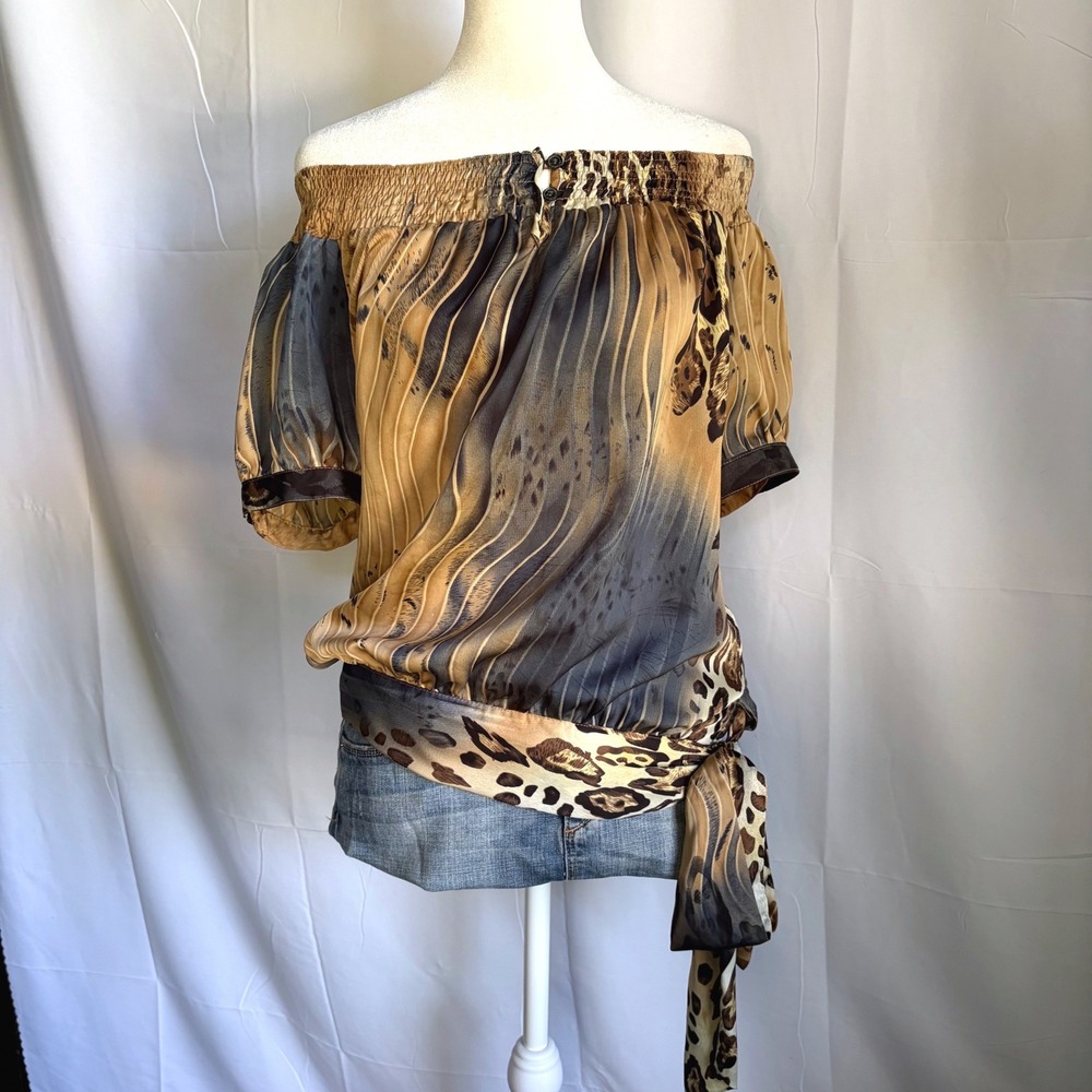 Y2K Leopard Abstract Off Shoulder Smocked Tie Waist Blouse Tan Blue S